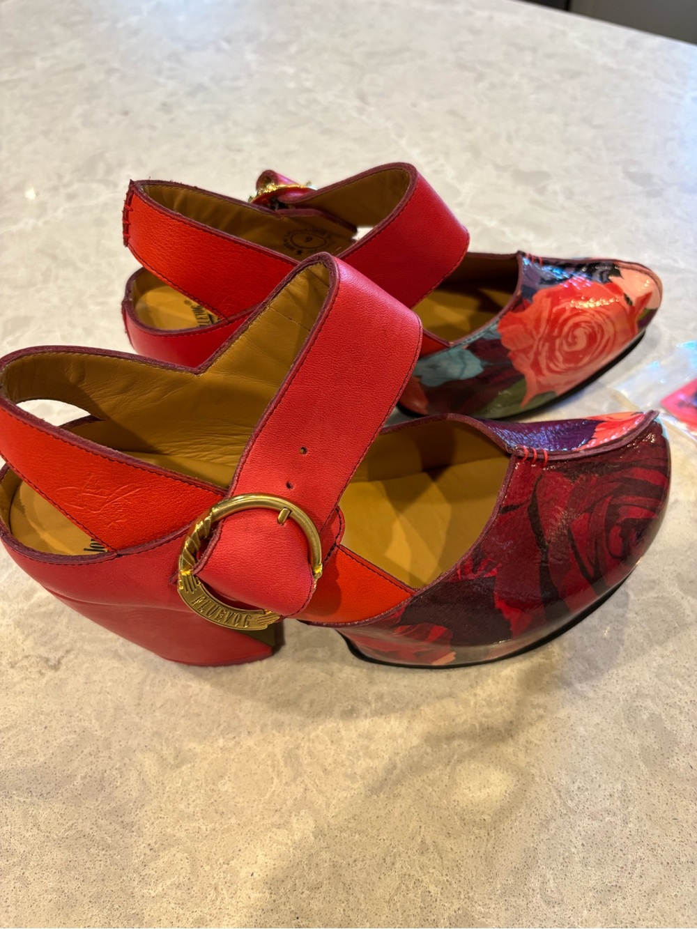 John Fluevog Red Floral Mary Jane Heels with Gold Buckle